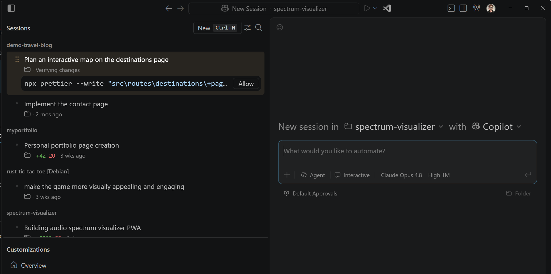 Screenshot of VS Code showing the Sessions panel with a mix of local, background, and cloud agent sessions with status badges and action buttons.