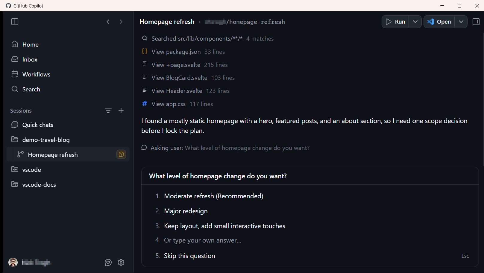 GitHub Copilot app showing an active session.