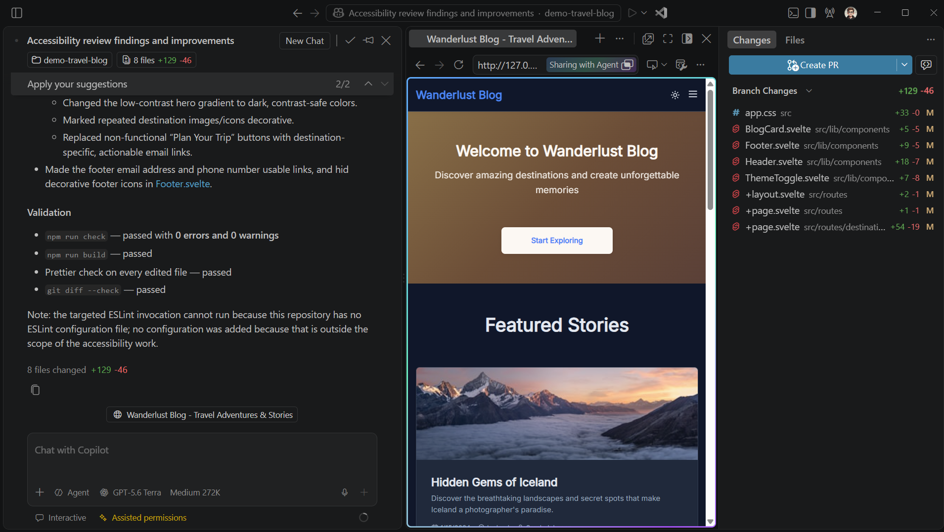 Agent session for applying accessibility improvements to a web page, showing changes to the code and option to create a PR.