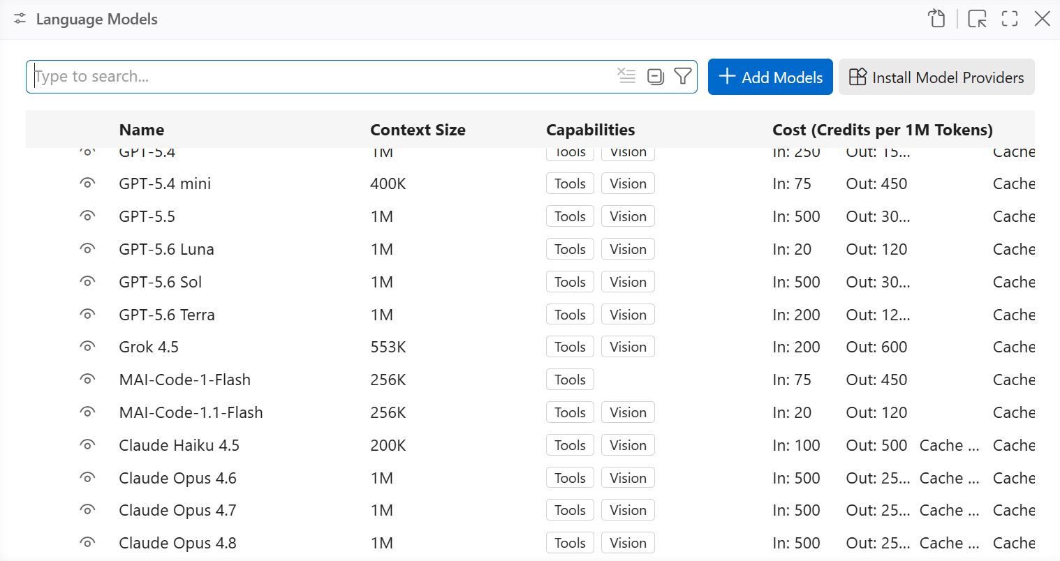 Language Models editor in VS Code showing available models and their capabilities.
