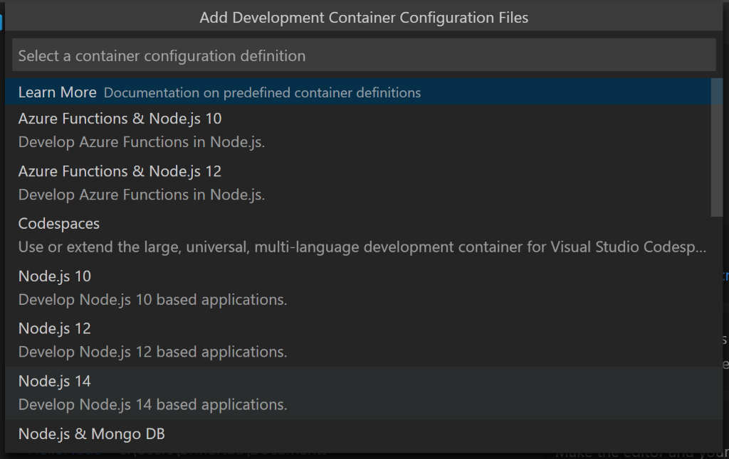 Command Palette: Node.js 14