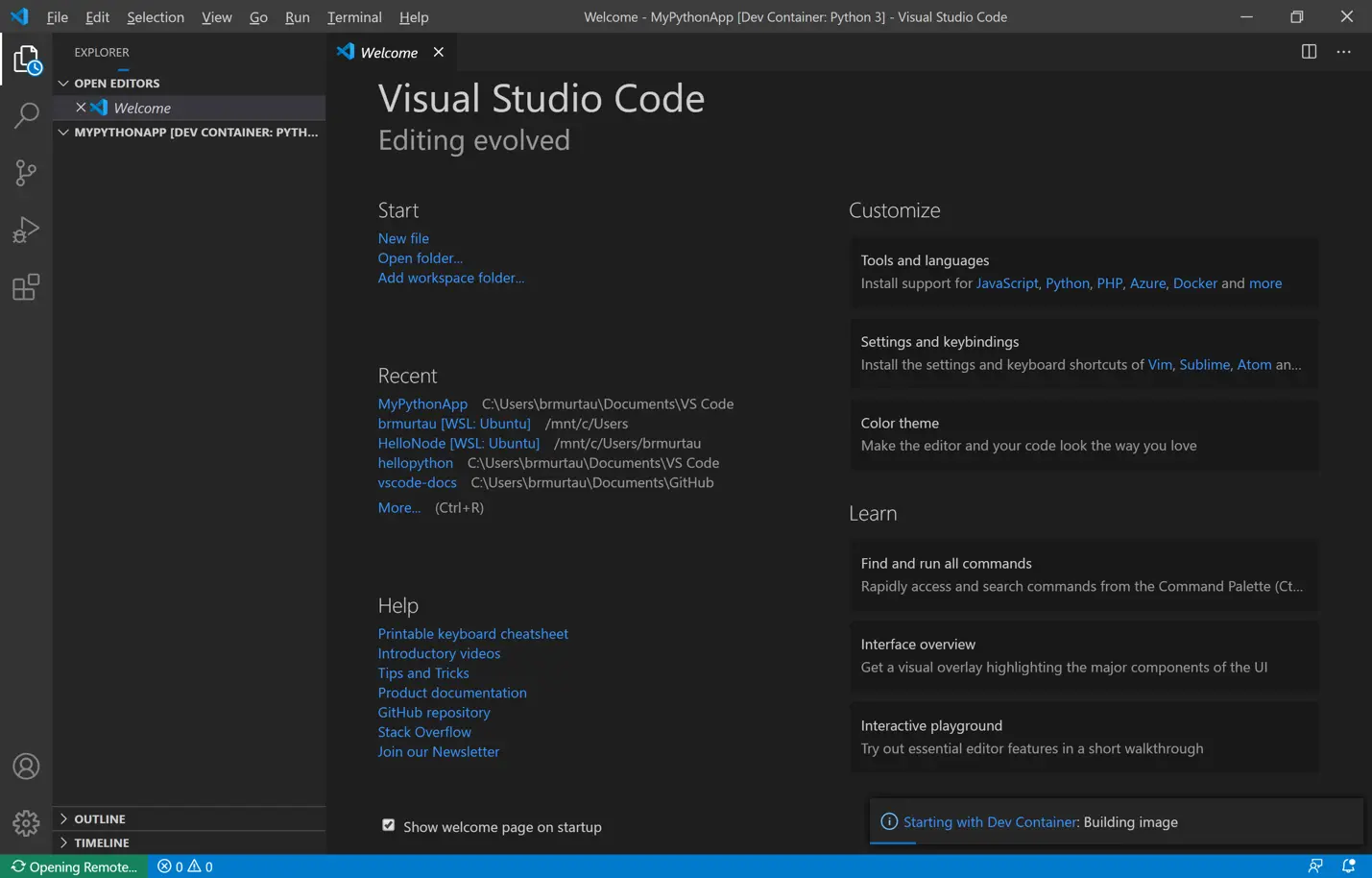 Relaunch VS Code to start dev container