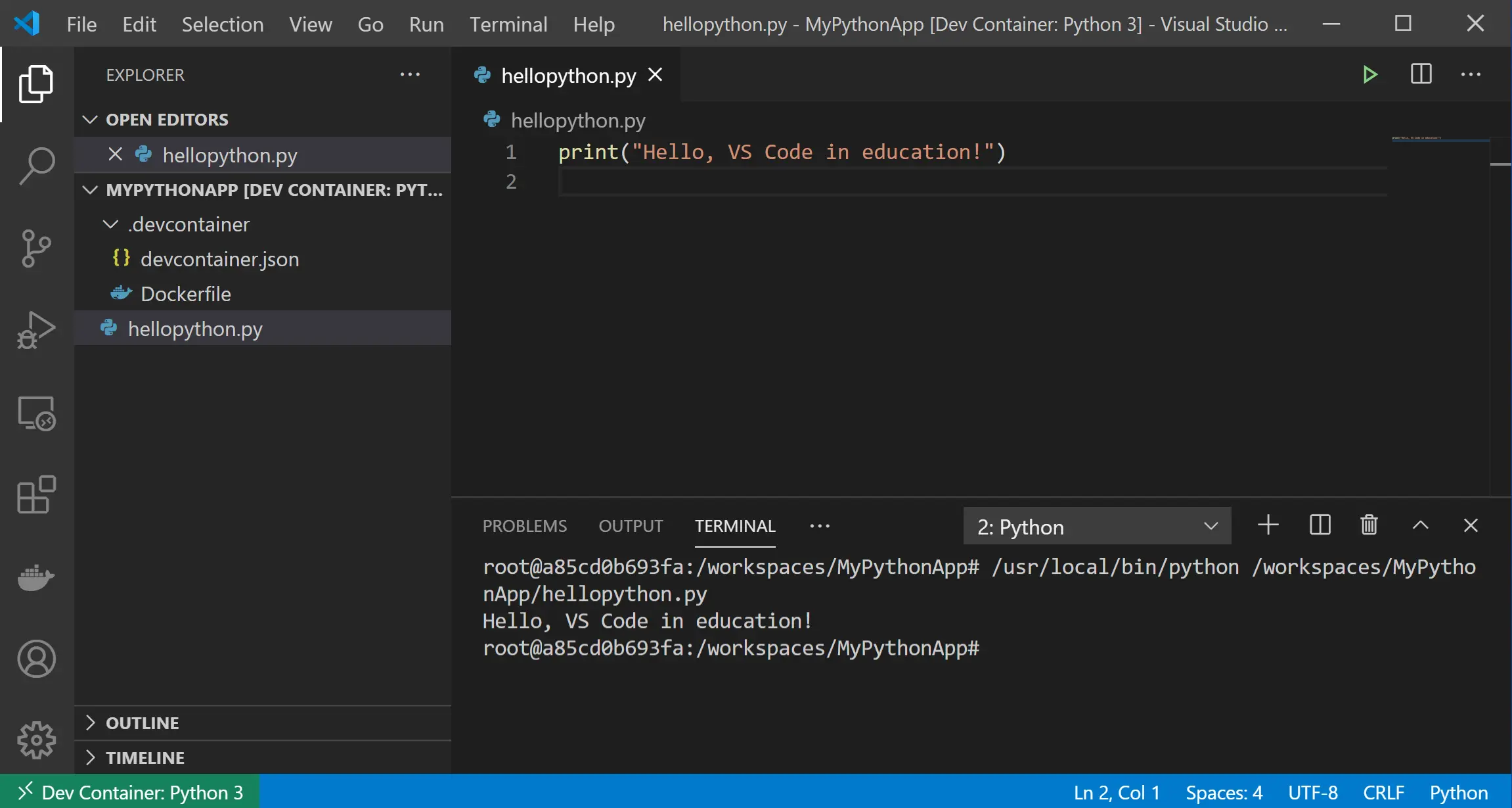 Run Python code in dev container