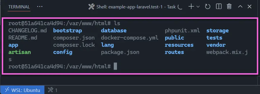 The file structure of the Laravel project in a container