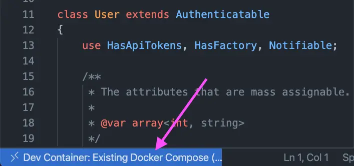 The remote indicator in VS Code showing connection to a container