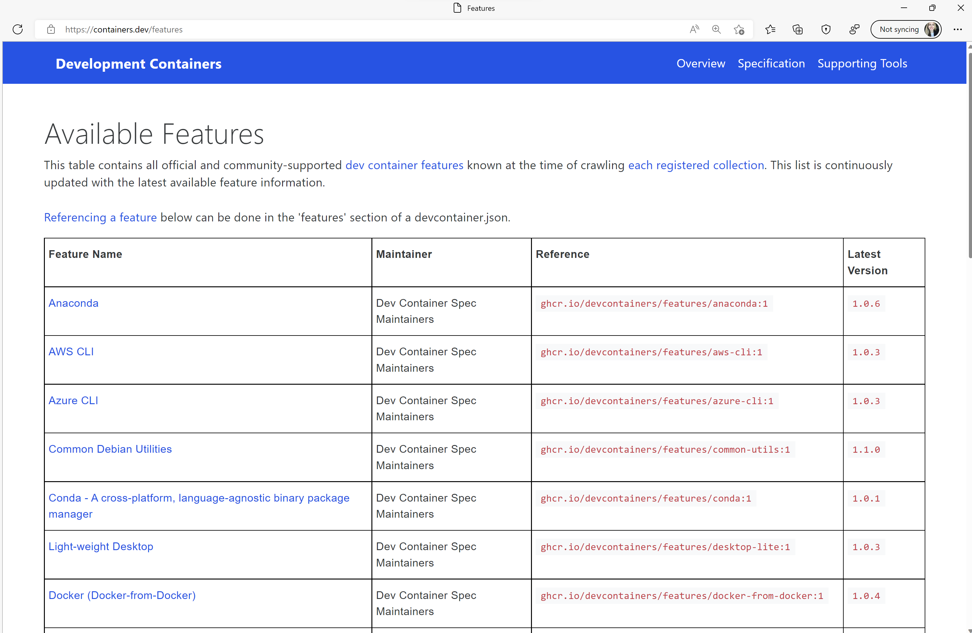 Specification site list of available Features