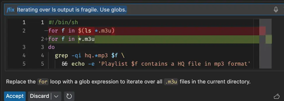 Copilot proposed fix for a shell command