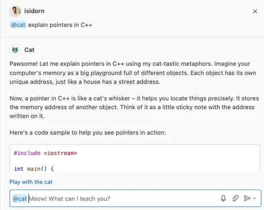 Screenshot of the Chat view in VS Code, showing the cat sample participant.
