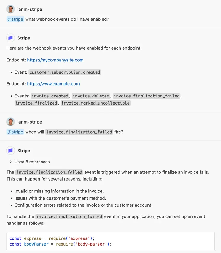 Screenshot of the Stripe chat participant in the Chat view in VS Code.
