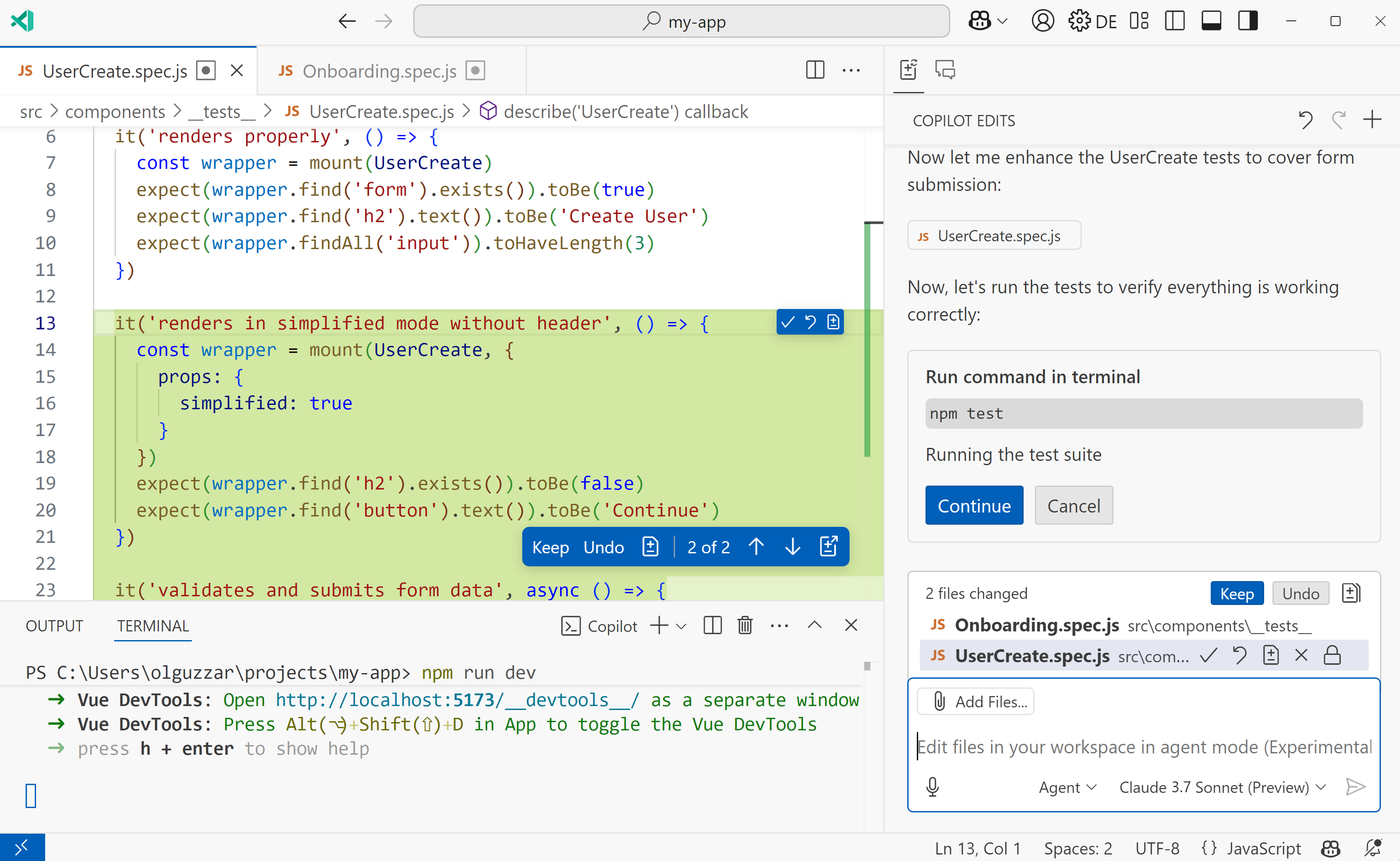 Screenshot of the Copilot agent mode, and the proposed inline changes