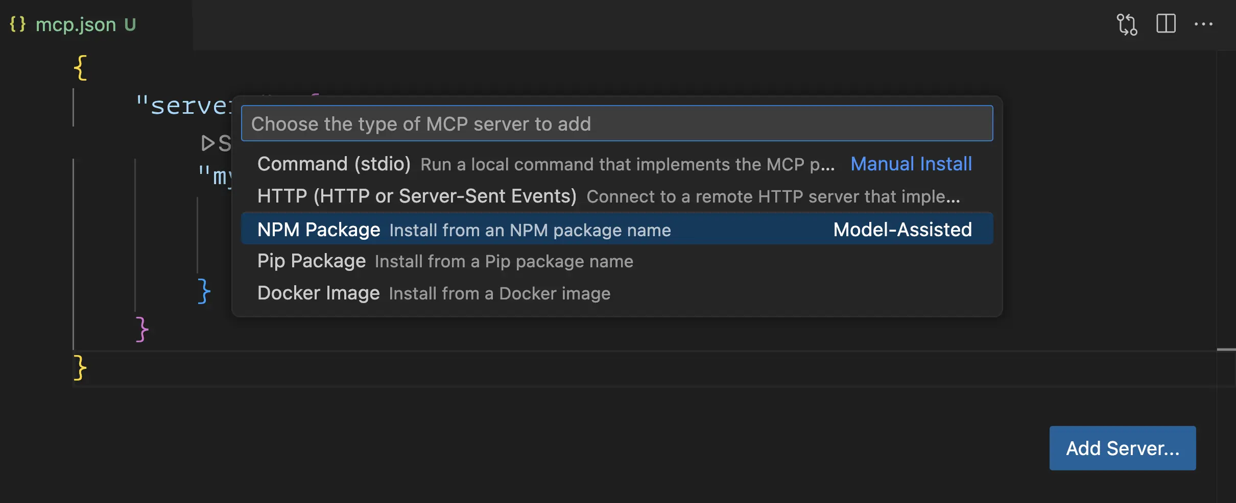 Add MCP Server commands in VS Code