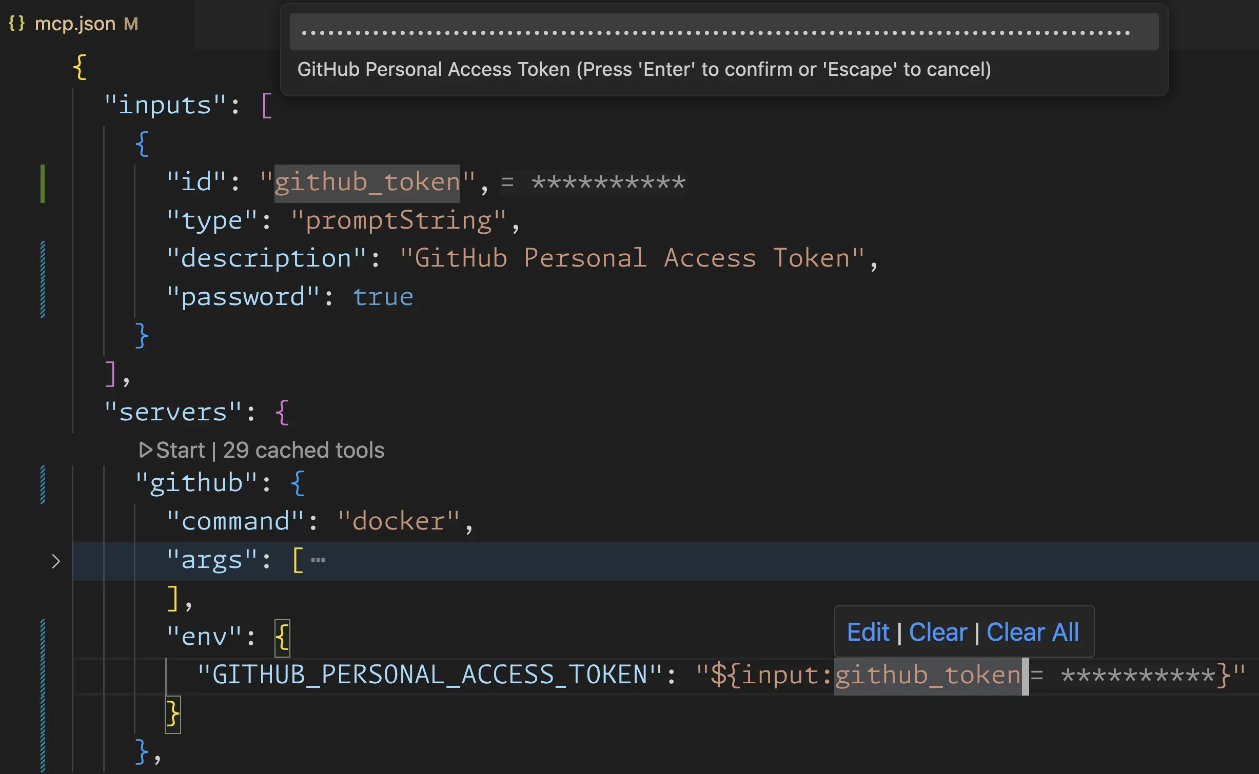 GitHub MCP Server with safely stored PAT using input variables