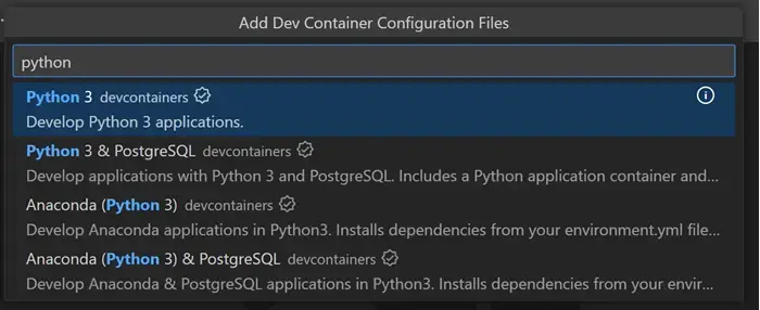 Select Python 3 dev container config in VS Code Command Palette