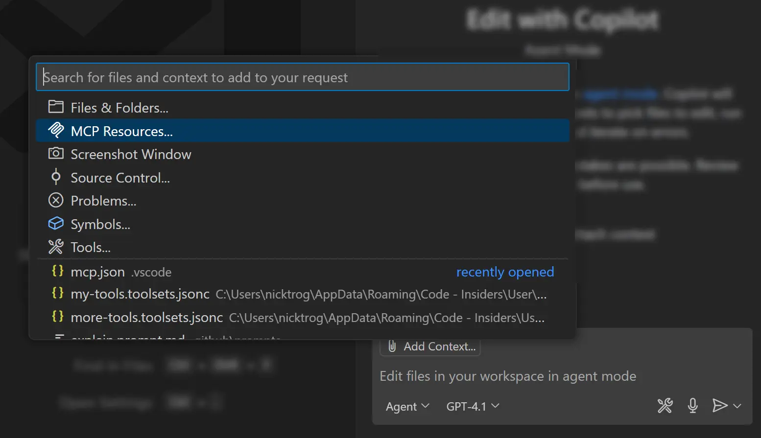 Screenshot of the context picker, highlighting the option to select an MCP resource.