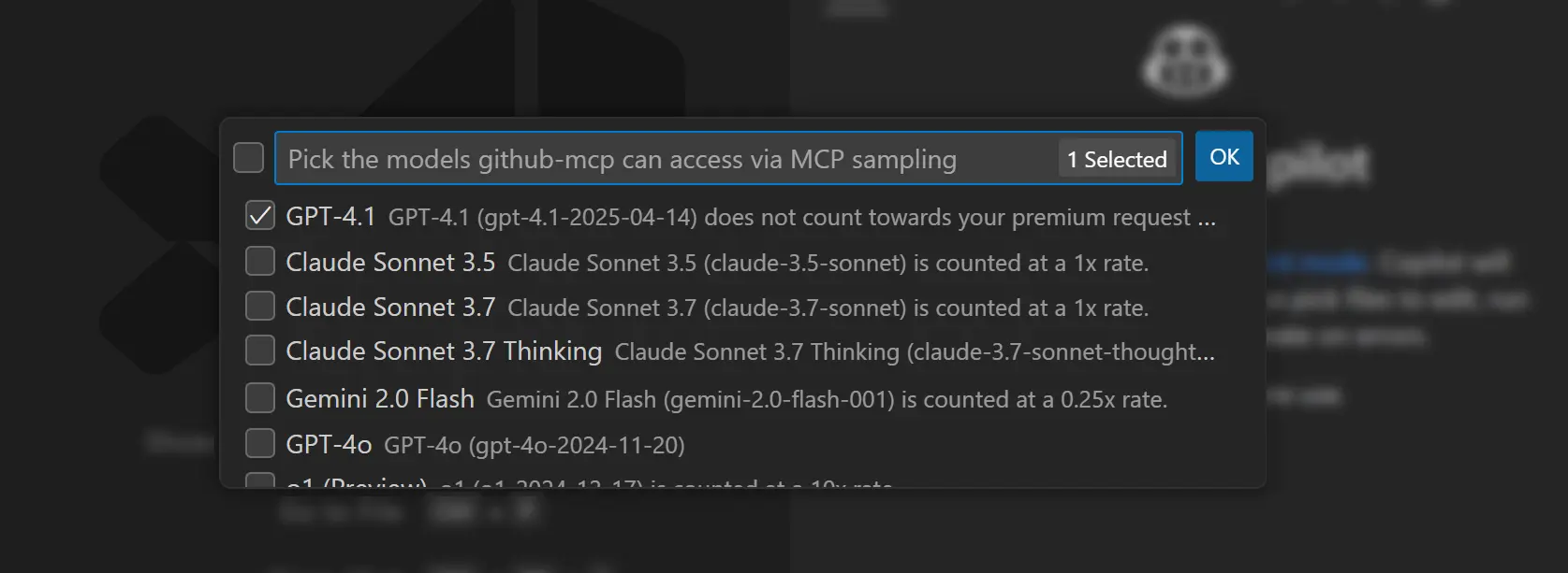Screenshot of the model picker for indicating which models an MCP server can use for sampling.