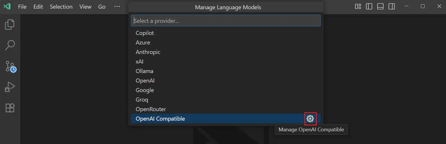 Screenshot showing OpenAI-compatible model configuration in VS Code.