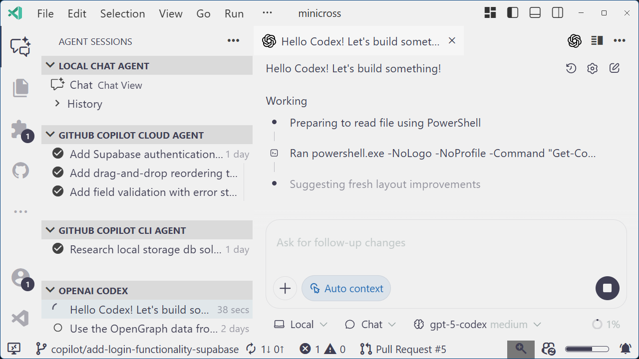 VS Code window with Agent Sessions sidebar showing Copilot, Coding Agent, CLI, and Codex statuses against a calm gray workspace