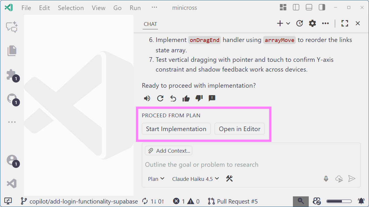 Screenshot showing the Handoff feature in Copilot chat with options to proceed with implementation or open the plan in the editor.