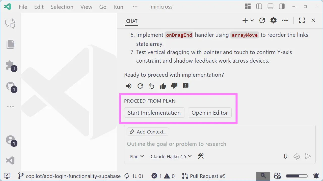 Screenshot showing the Handoff feature in Copilot chat with options to proceed with implementation or open the plan in the editor.