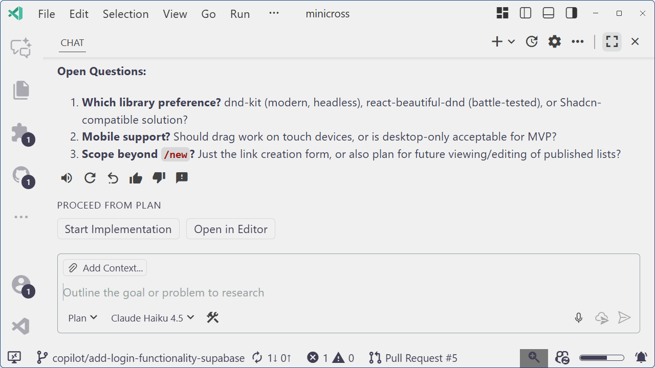 Plan agent breaking down drag-and-drop into steps recommending React Beautiful DnD and React DnD with comparisons.