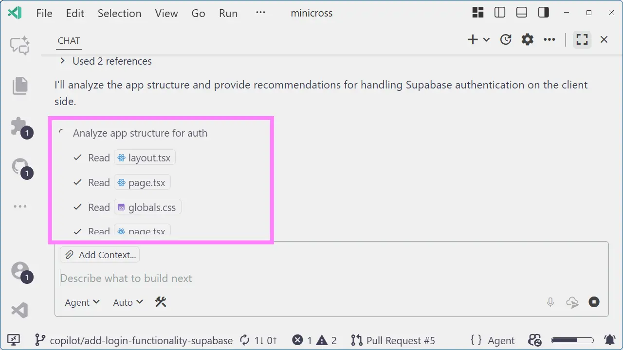 A subagent process running in VS Code with tool calls underneath the main agent action