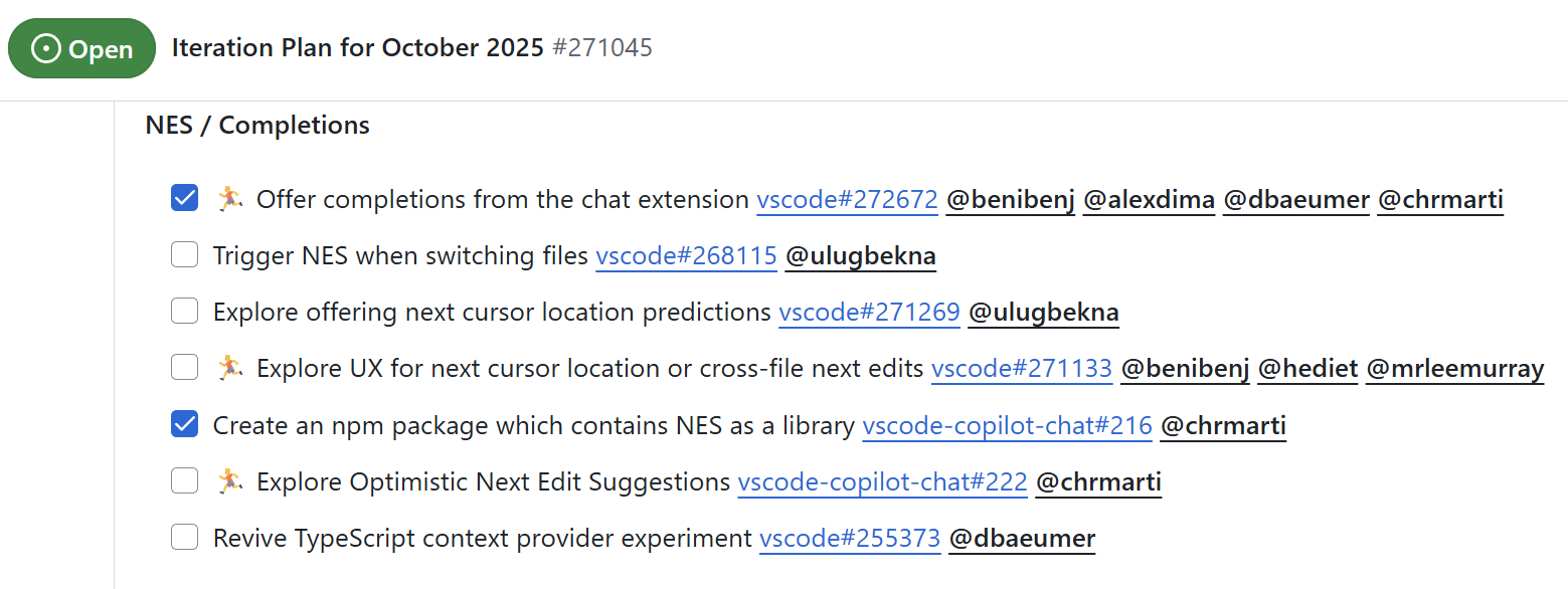 Inline suggestions section of the October 2025 VS Code iteration plan