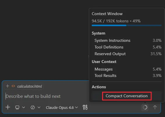 Screenshot showing the context window control and the compact option.