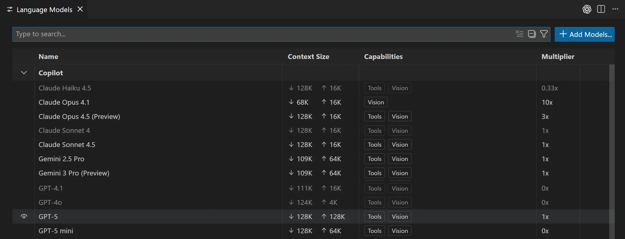 Screenshot of the Language Models editor in VS Code.