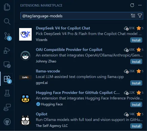 Screenshot of the Extensions view listing extensions that provide language models.