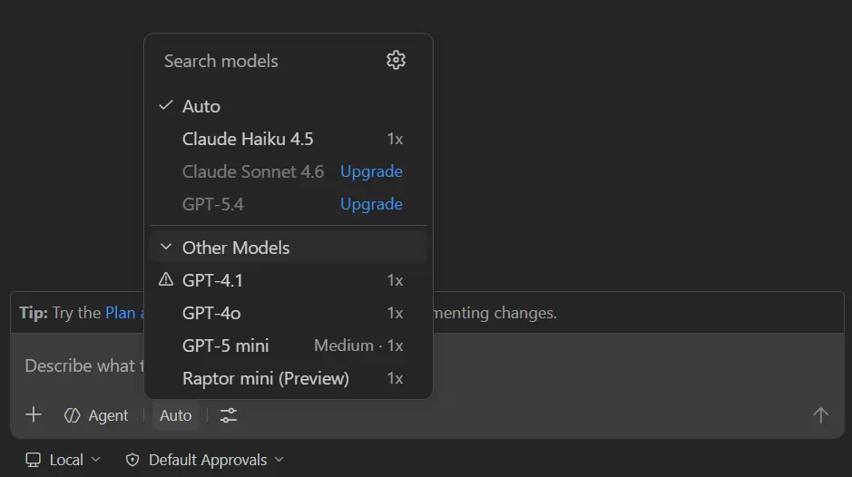 Screenshot of the VS Code Chat model picker showing available language models.