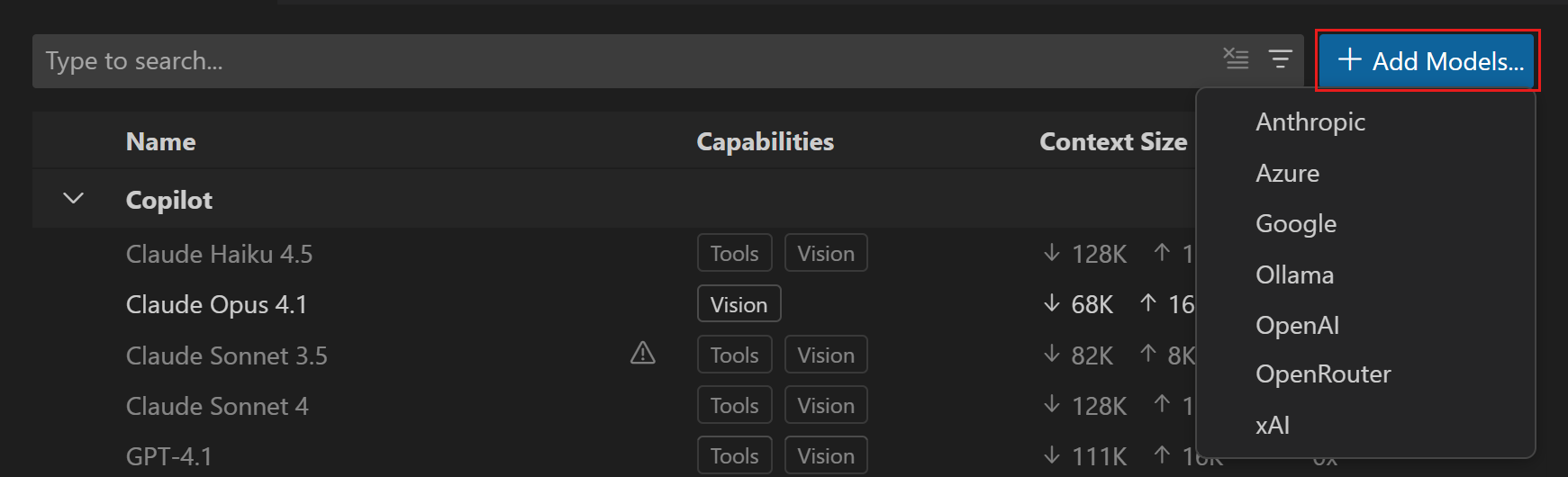 Screenshot of the model provider picker in VS Code.