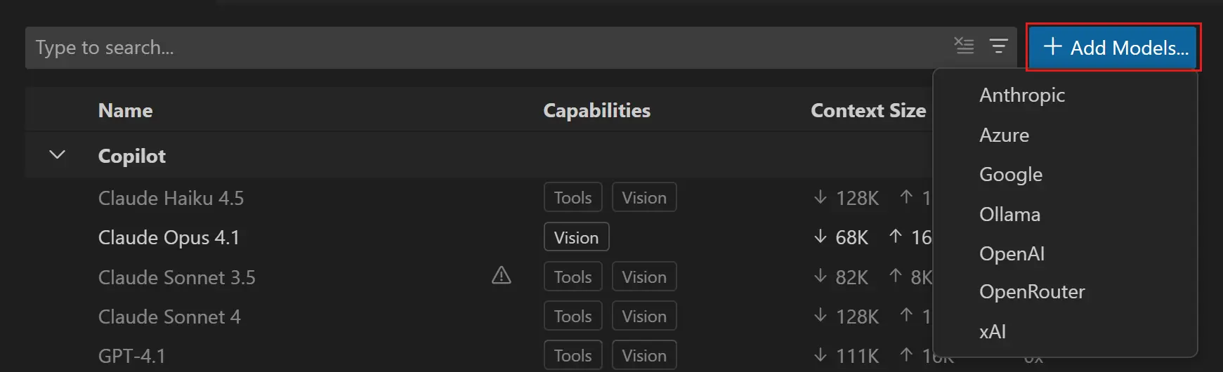 Screenshot of the model provider picker in VS Code.