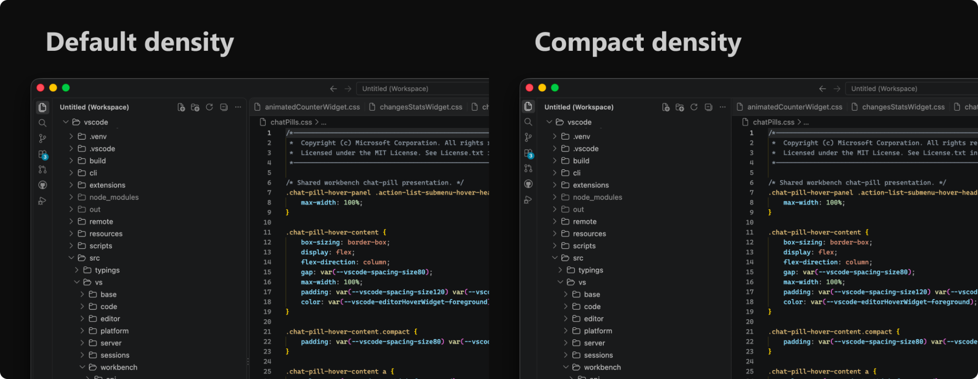 Screenshot showing the same VS Code workspace side by side at default and compact layout density.