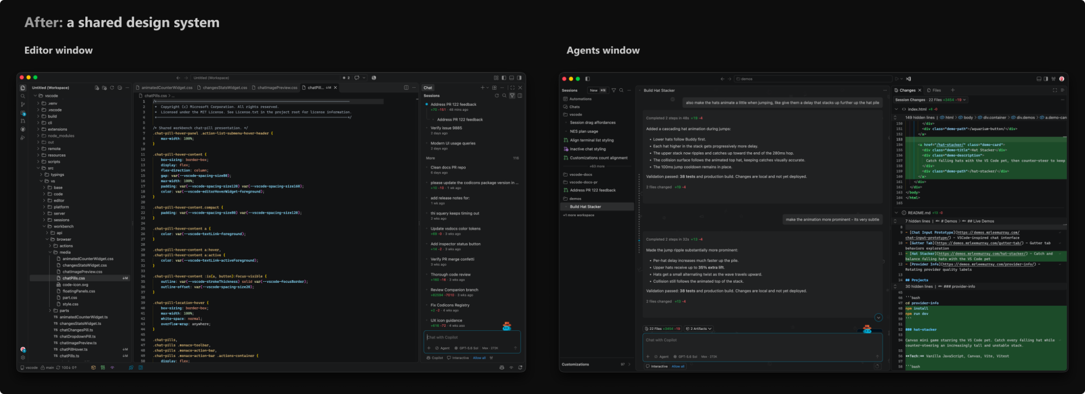 The modern editor window and Agents window shown side by side with consistent spacing, surfaces, typography, and controls.