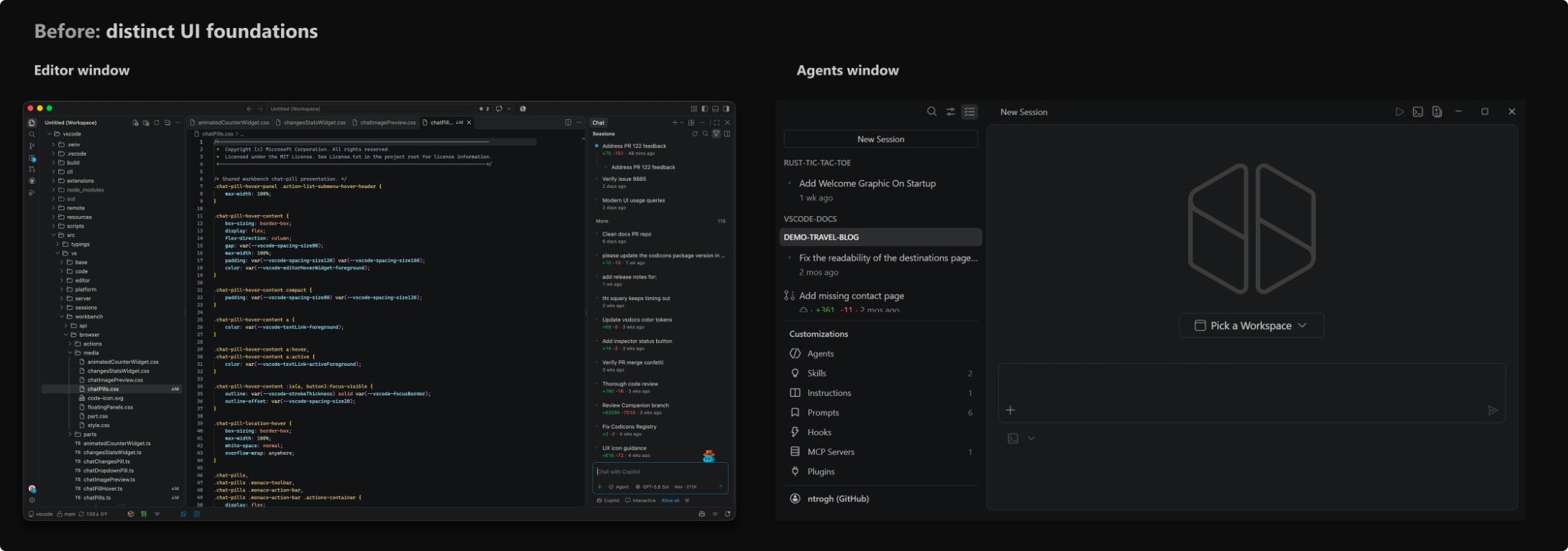 An earlier editor window and Agents window shown side by side, each based on its own UI foundation.