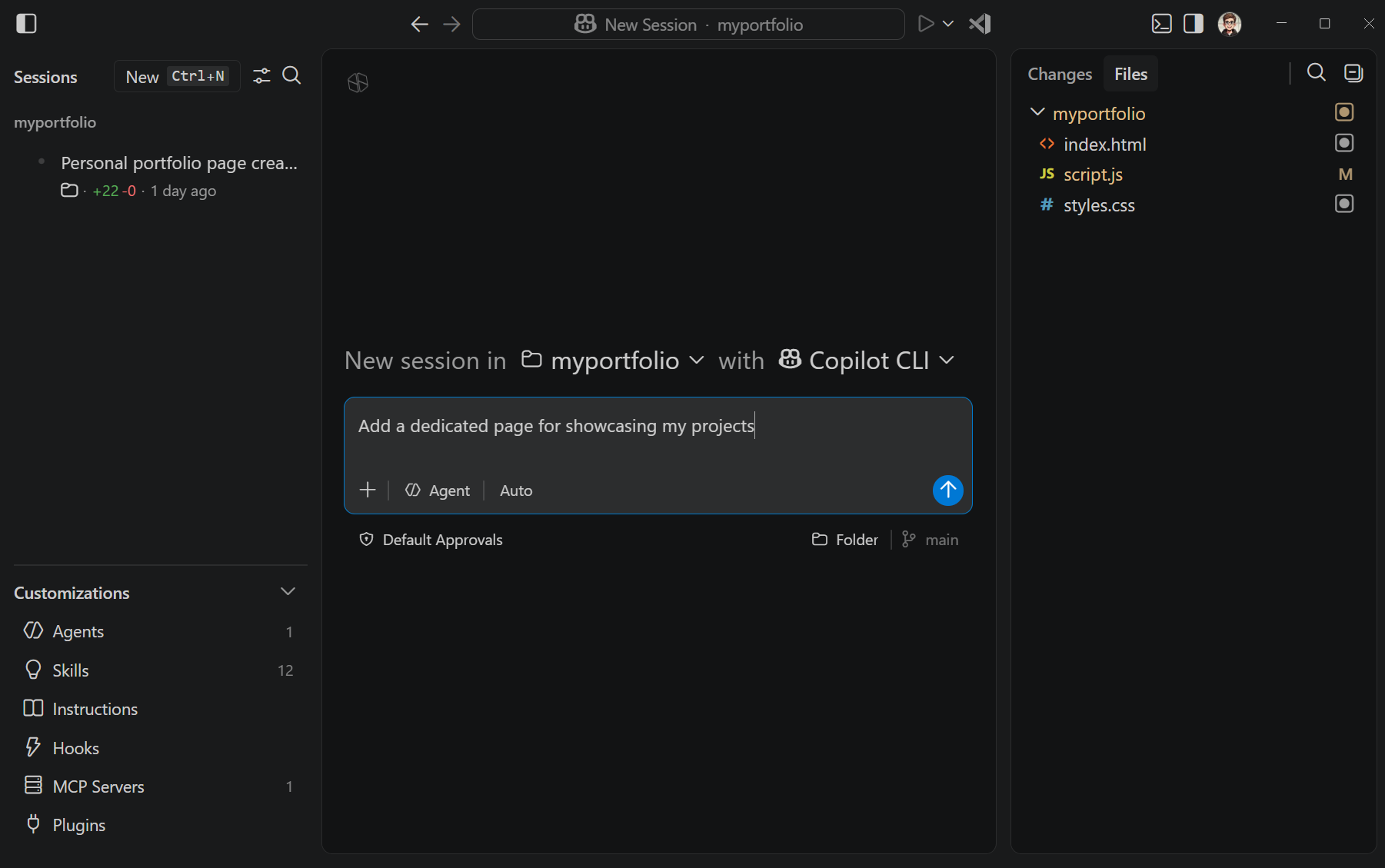 The Agents window showing the Sessions and Customizations sidebar, new-session composer, and Files panel.