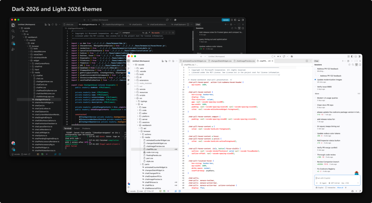 Screenshot showing overlapping VS Code windows using the Dark 2026 and Light 2026 themes.