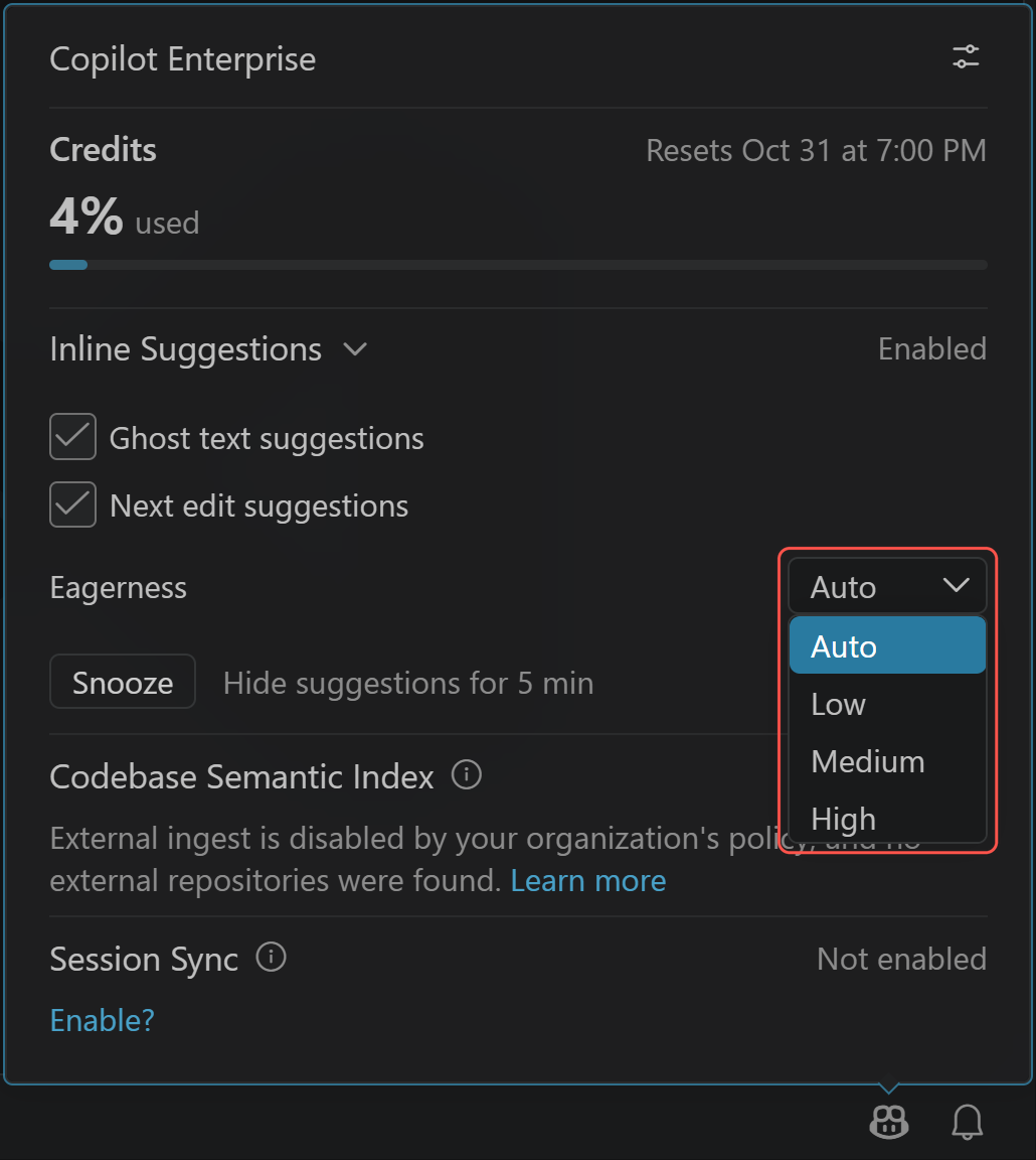 Screenshot showing the Copilot settings menu with Next edit suggestions enabled and the Eagerness dropdown outlined in red, listing Auto, Low, Medium, and High.