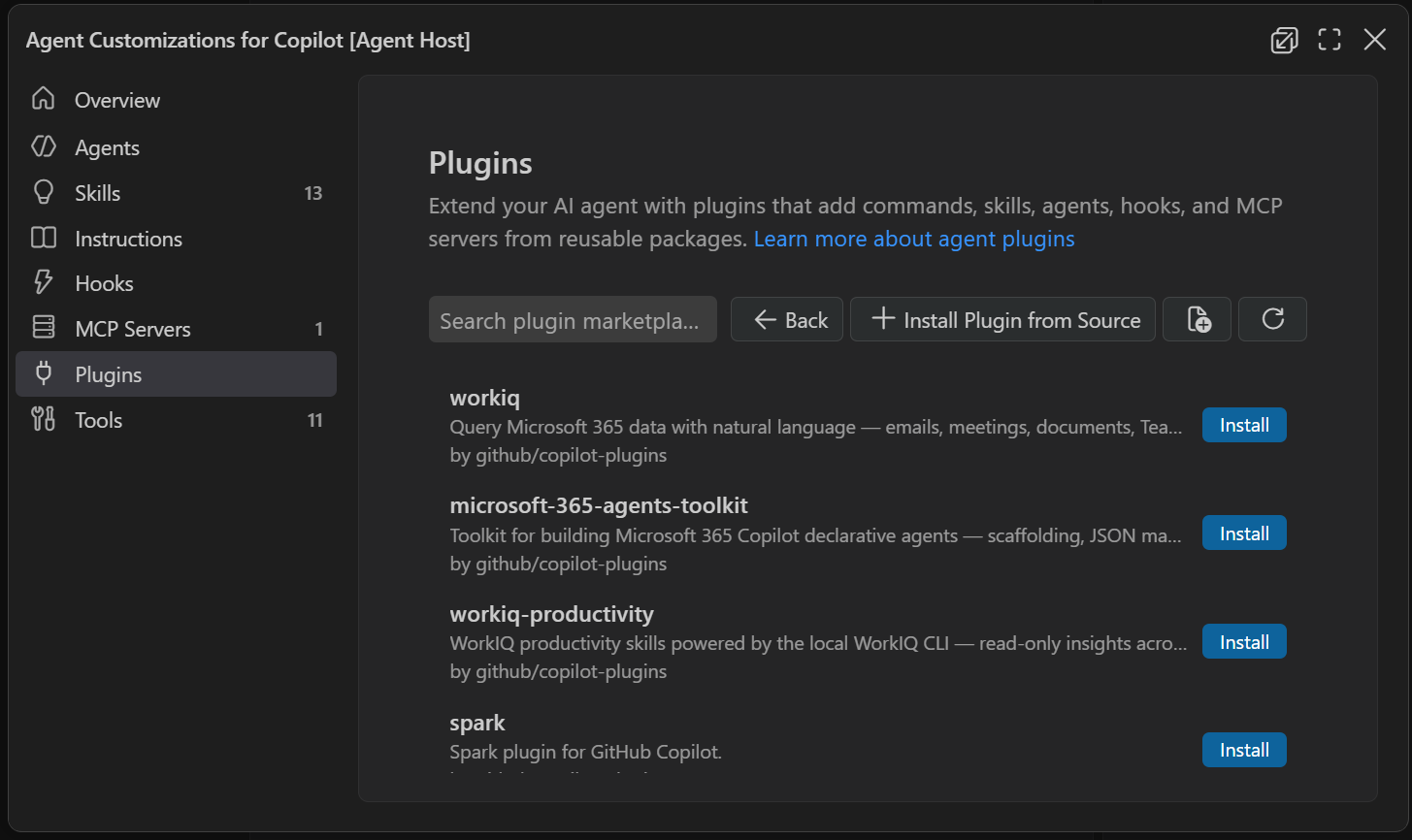 Agent Customizations editor showing agent plugins from the marketplace, letting you install them in your project.