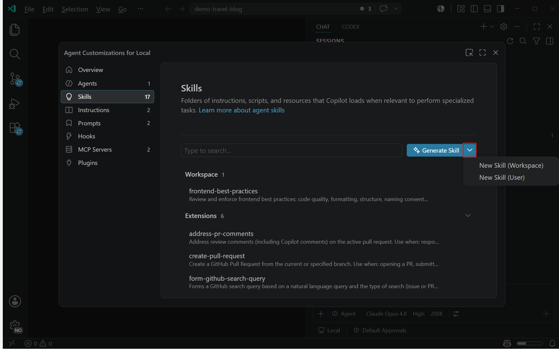 Screenshot of the Agent Customizations editor, showing the Skills tab and the dropdown to create a new skill.