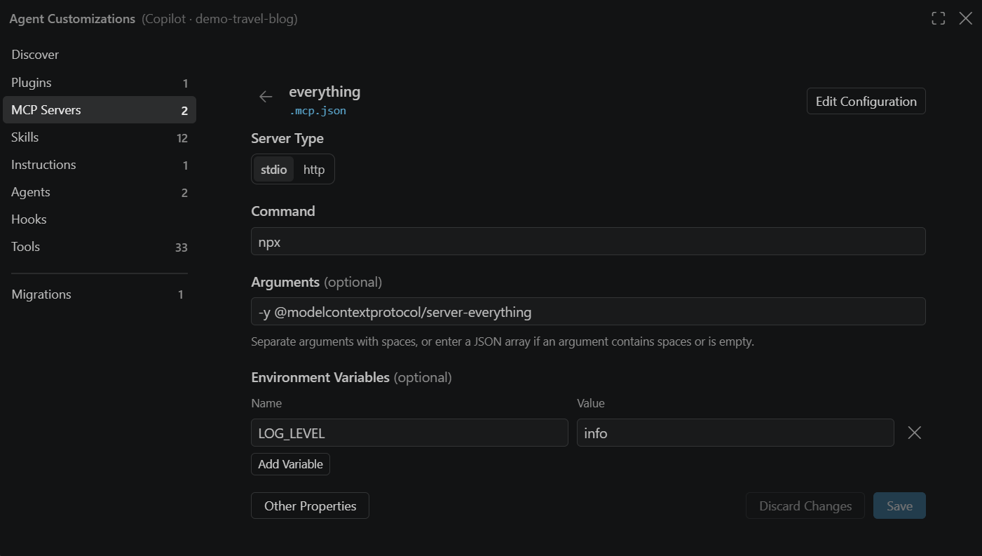 Screenshot showing the MCP server configuration form for a workspace-root .mcp.json server