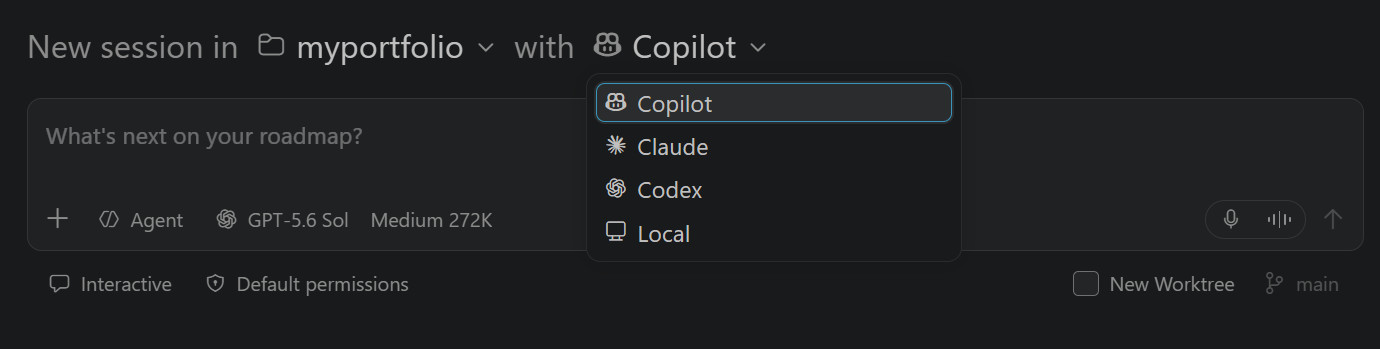 Screenshot of the Agents window, showing the session target control with the list of available agent harnesses.