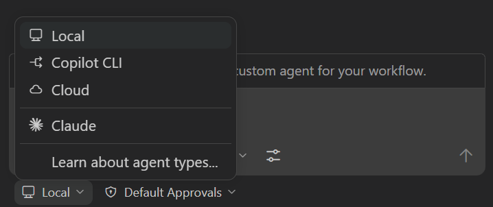 Screenshot showing the agent target dropdown in the Chat view.