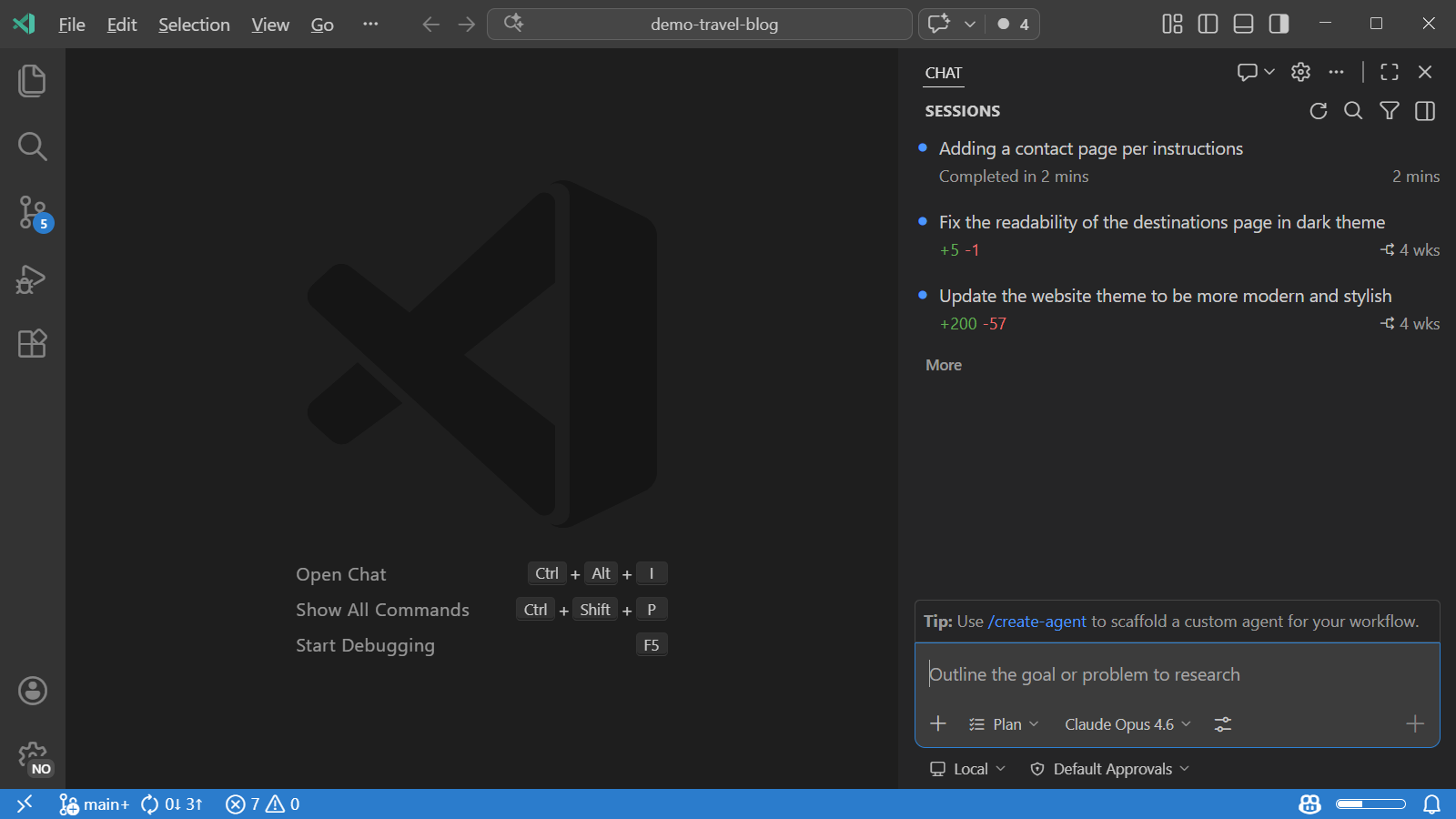 Screenshot showing an agent session in the Chat view alongside the editor in VS Code.