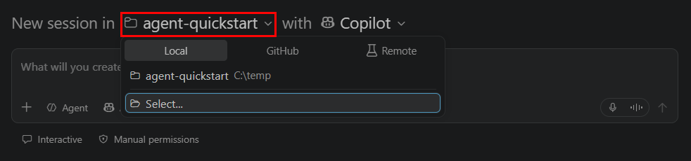 Screenshot of selecting the agent-quickstart folder when creating a new session.