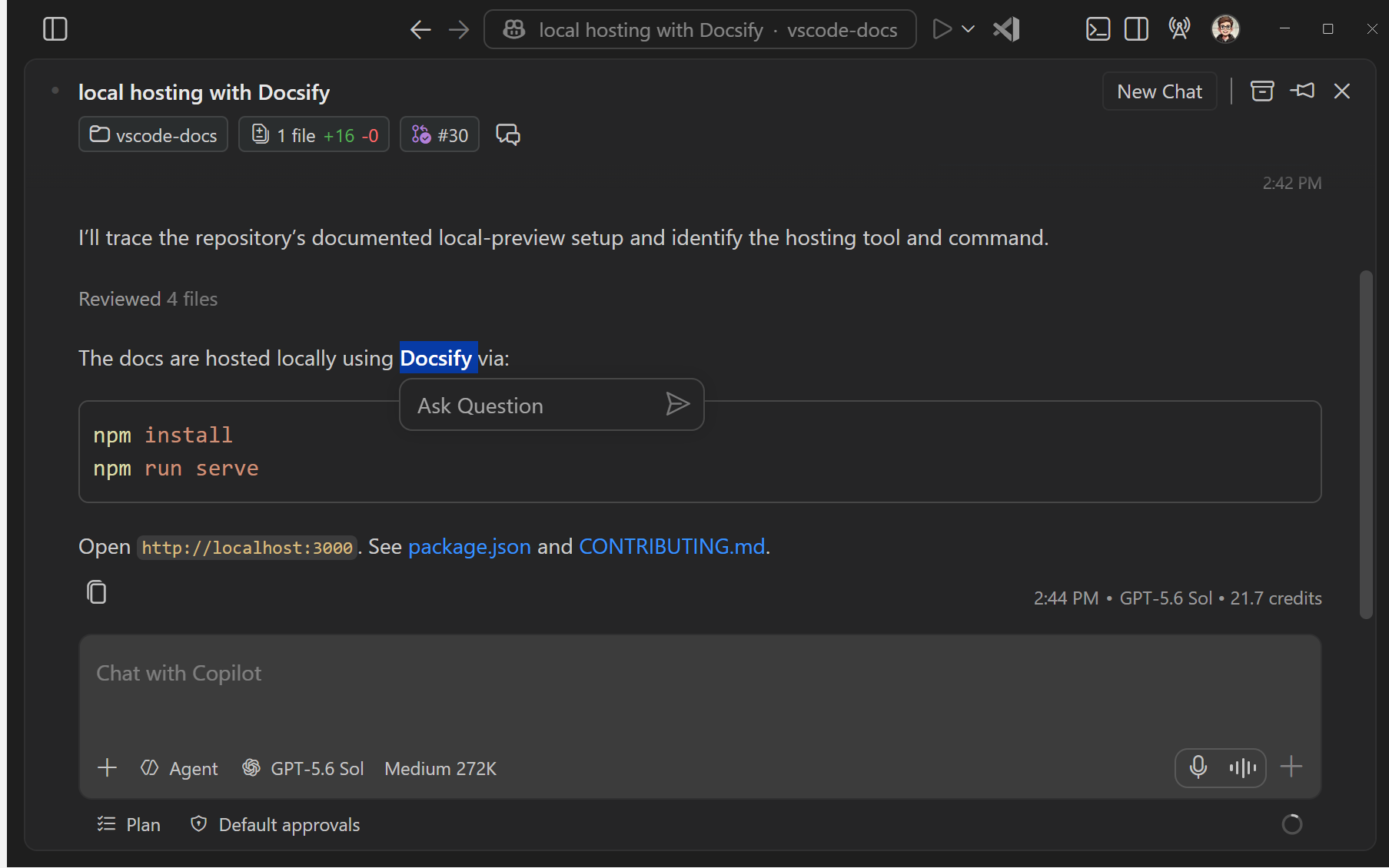 Screenshot showing how to start a side chat in the Agents window from selected response text.
