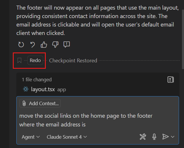 Screenshot showing the Redo button after restoring a checkpoint.