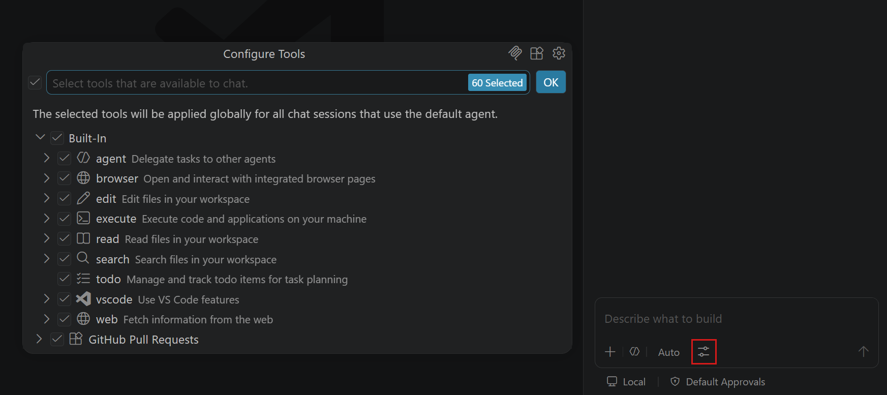 Screenshot showing the Chat view, highlighting the Configure Tools button in the chat input.