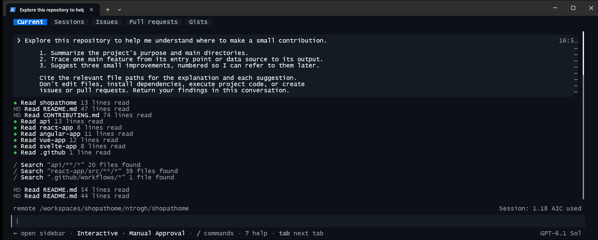 Screenshot of the Copilot CLI showing the ongoing conversation in the cloud session.