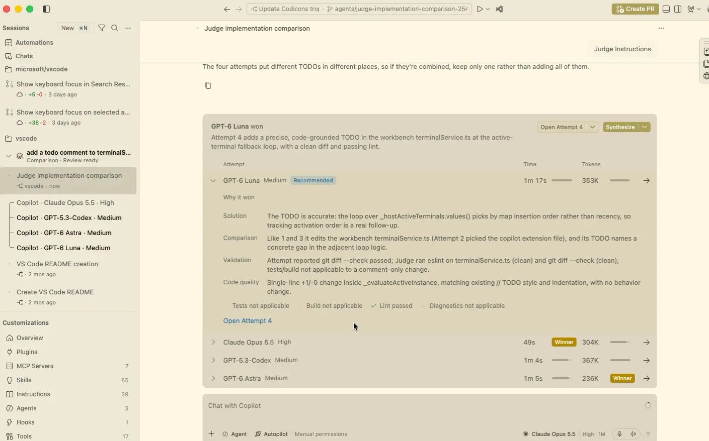 Screenshot showing the judge scorecard with the recommended attempt, time and token usage, validation evidence, and Synthesize action.